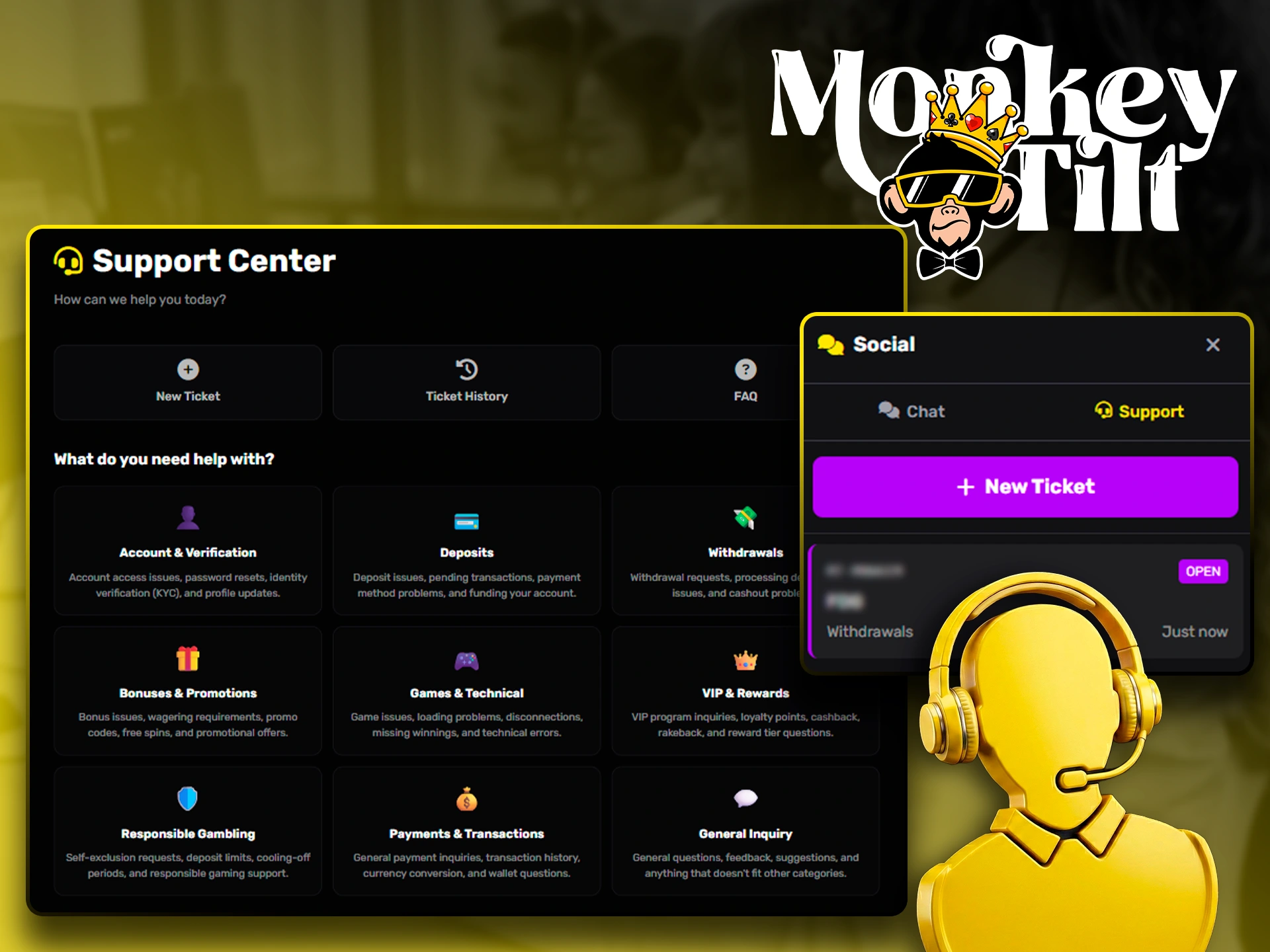 Ways to contact the 24/7 MonkeyTilt support team.