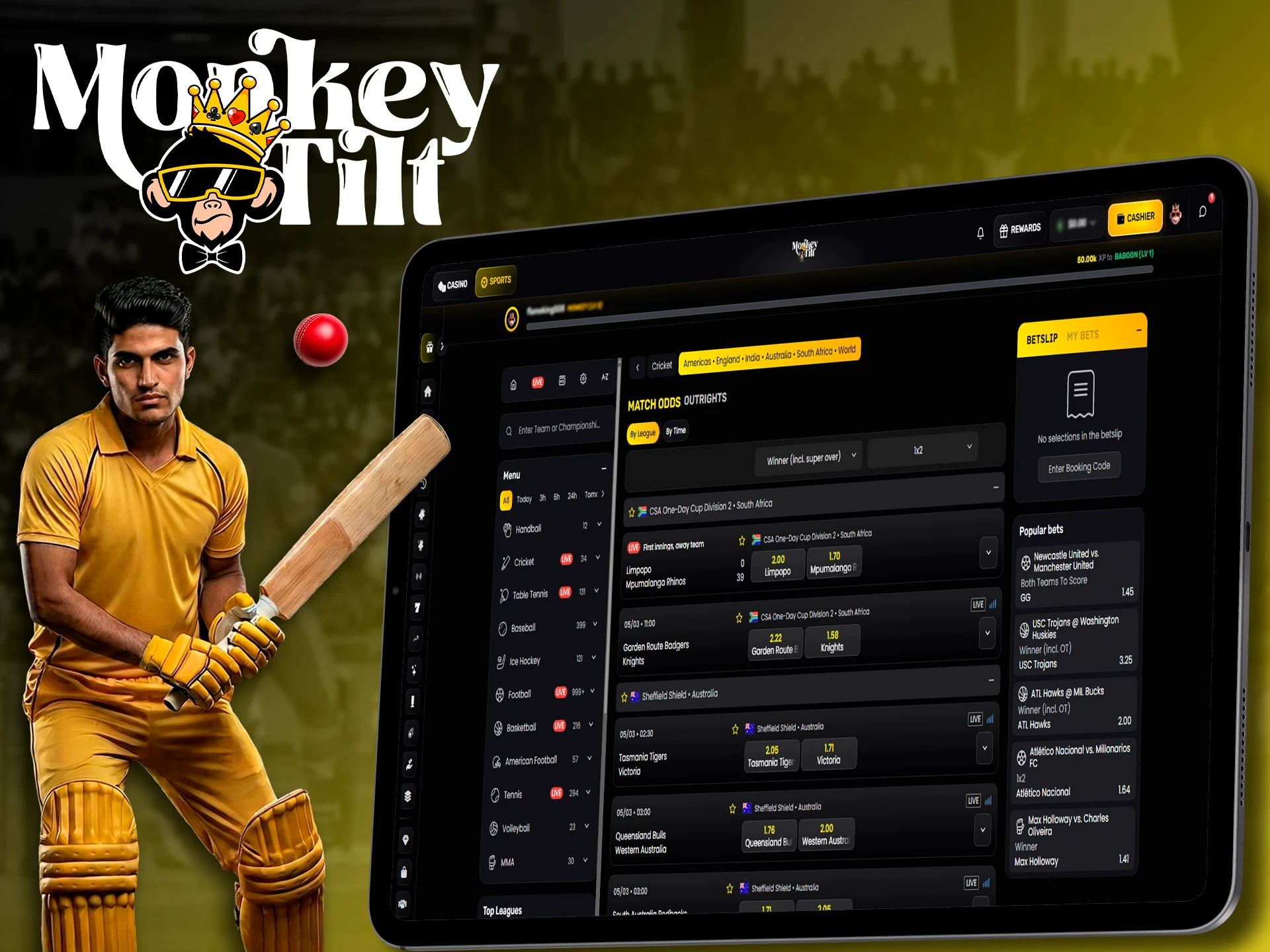 Bet on major cricket matches and tournaments via MonkeyTilt.
