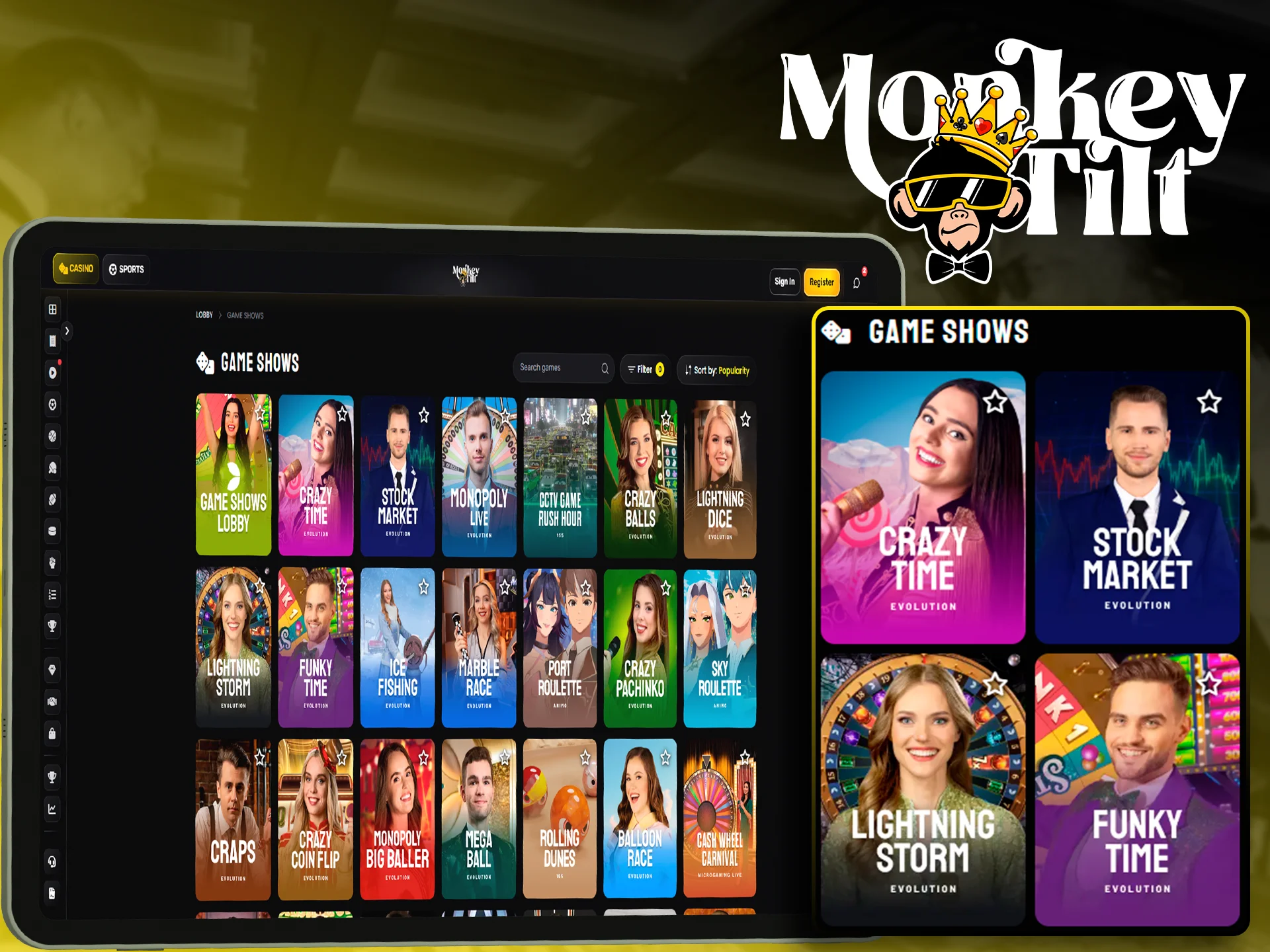 Interactive live game shows to play on MonkeyTilt.