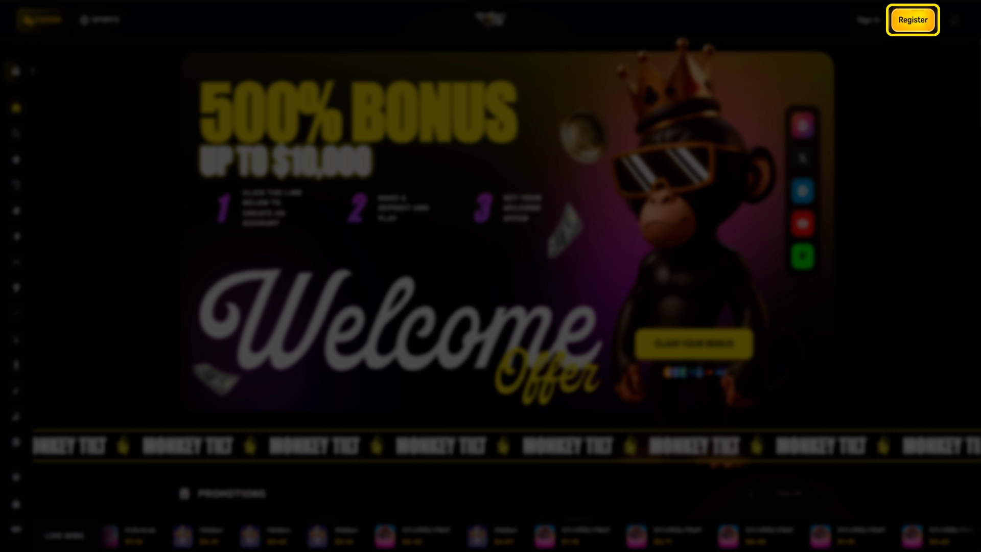 Locating the registration button on the MonkeyTilt main page.