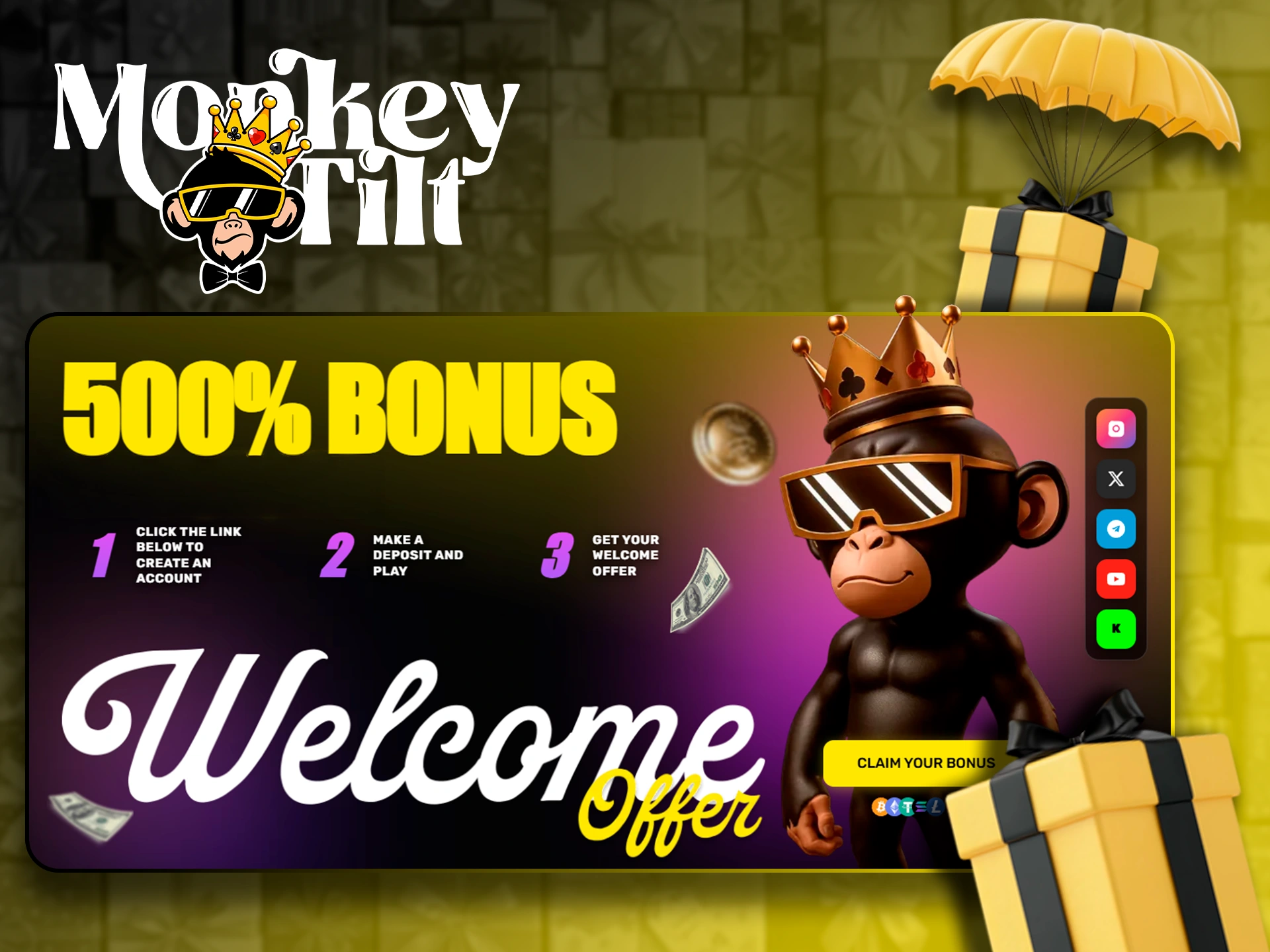 Claim a massive 500% welcome bonus at MonkeyTilt Casino.