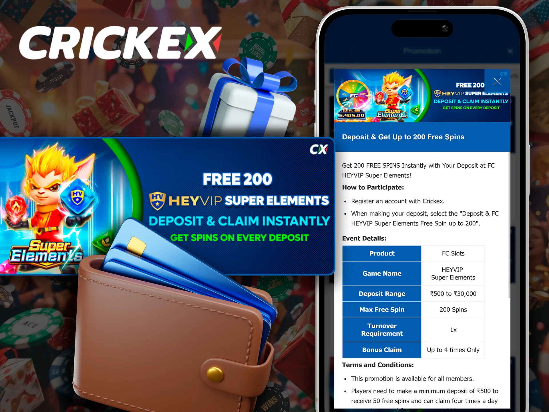 Get 200 free spins after your deposit on Crickex app.