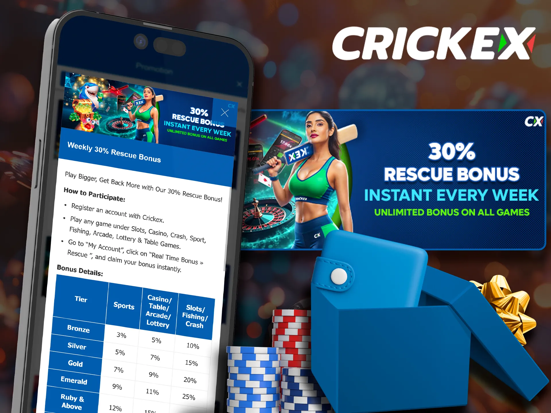 Activate weekly 30% cashback rewards within the Crickex app.