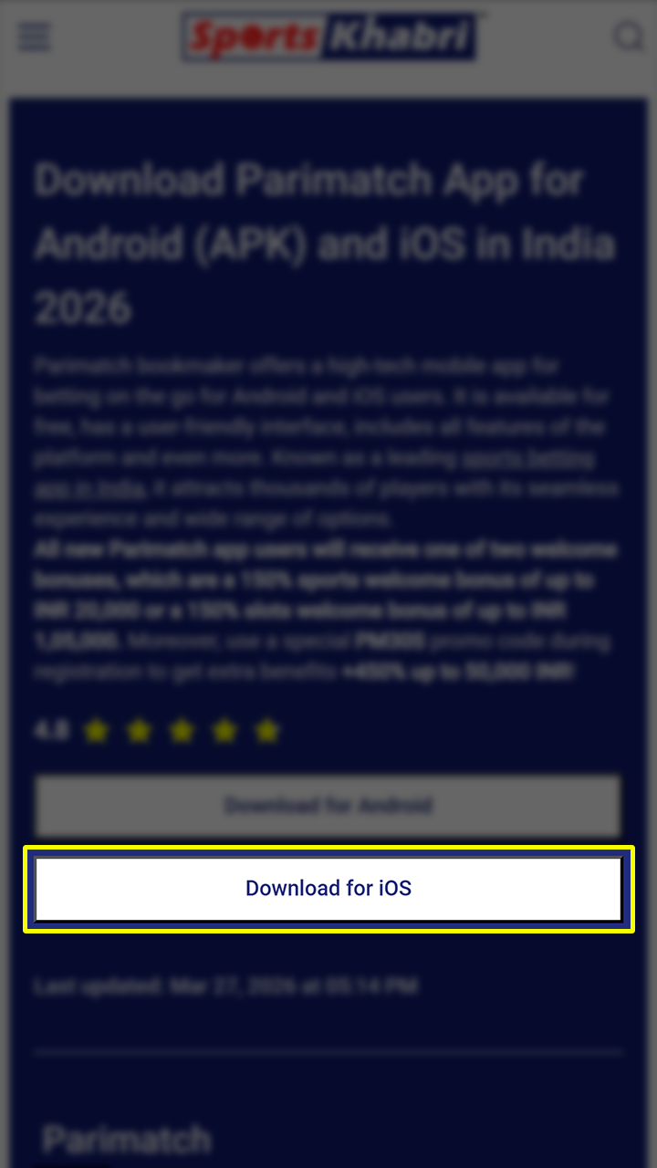 On this page, find the download button for the Parimatch app and click on it.