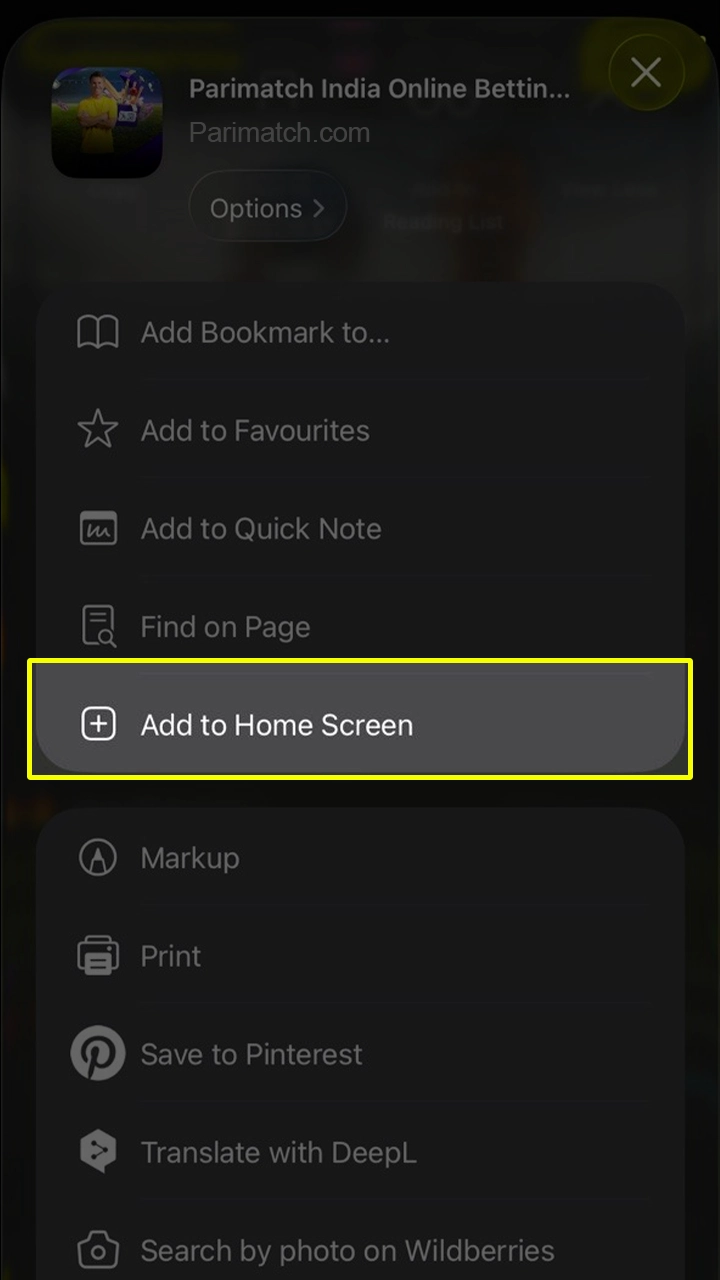 Add the Parimatch website to your iOS smartphone home screen.