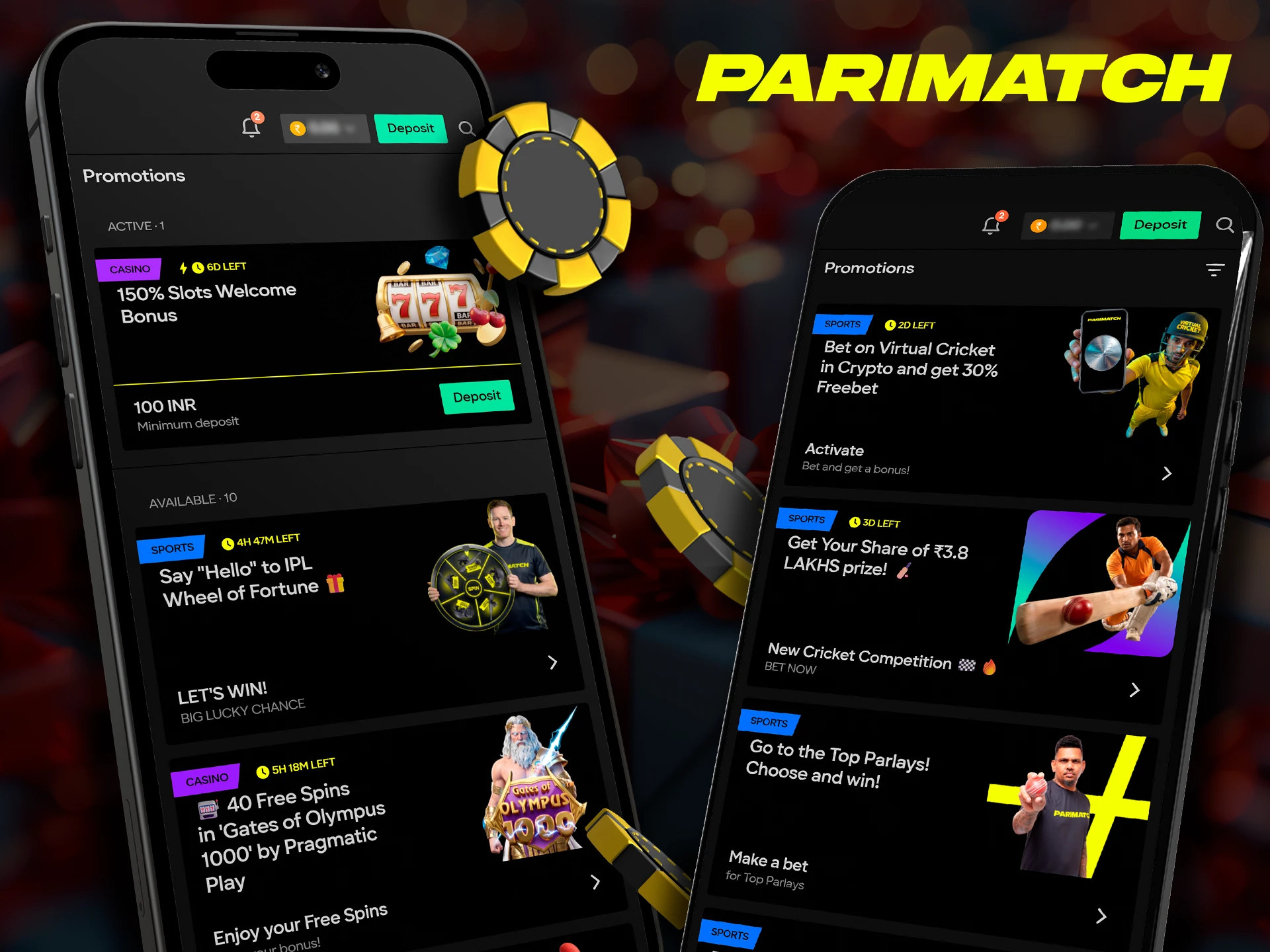 Download the Parimatch mobile application and select the bonuses you like.