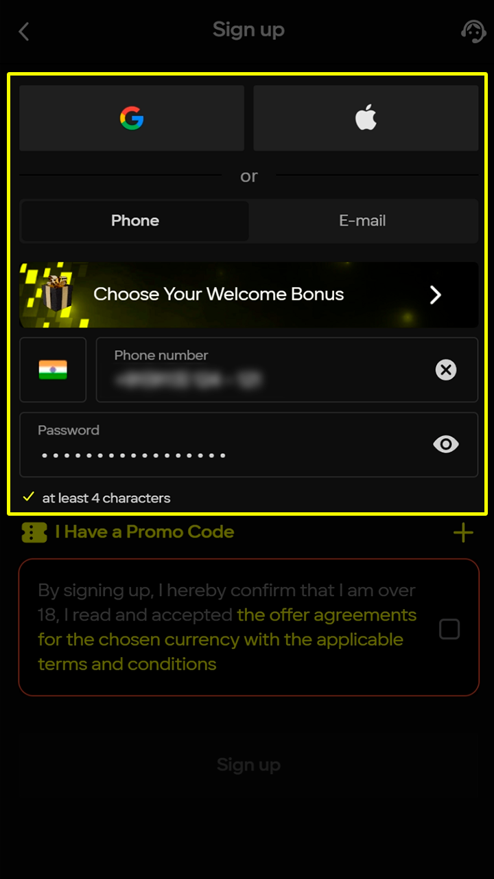 Continue registering at Parimatch by filling in the required data.